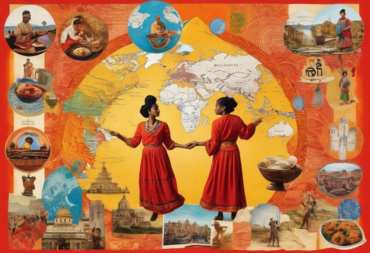 An artistic collage depicting diverse individuals engaged in various lifestyle choices, such as cooking traditional dishes, dancing in cultural attire, and practicing arts and crafts. Incorporate elements like books, globes, and maps to symbolize exploration and identity. Use vibrant colors to highlight the richness of different cultures interwoven in a harmonious setting. The background should suggest a blend of urban and natural landscapes, representing the journey of cultural perspectives. vibrant colors. collage style.