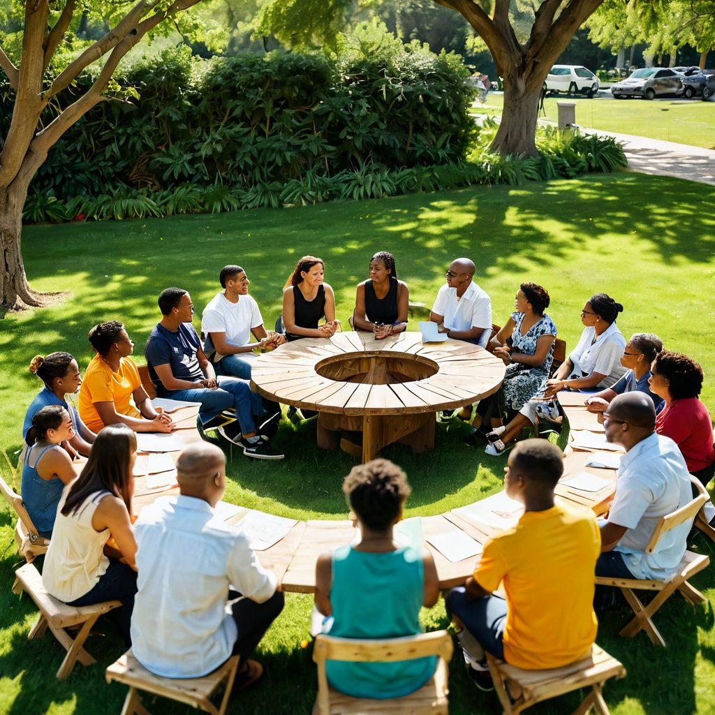 A diverse group of people engaged in a heartfelt discussion in a vibrant community park, showcasing individuals of various ethnic backgrounds sitting together at a round table. Elements of social justice are symbolized through banners and signs expressing unity and equality. Lush greenery surrounds them, and the sun softly illuminates their faces, fostering a warm, inclusive atmosphere. super-realistic. vibrant colors. community setting.